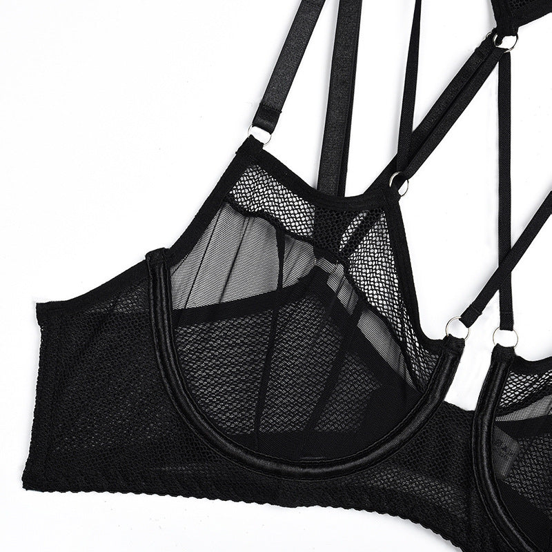 3-Piece Set Black Mesh Halterneck Bra with Hip Cover Garters Bra Details