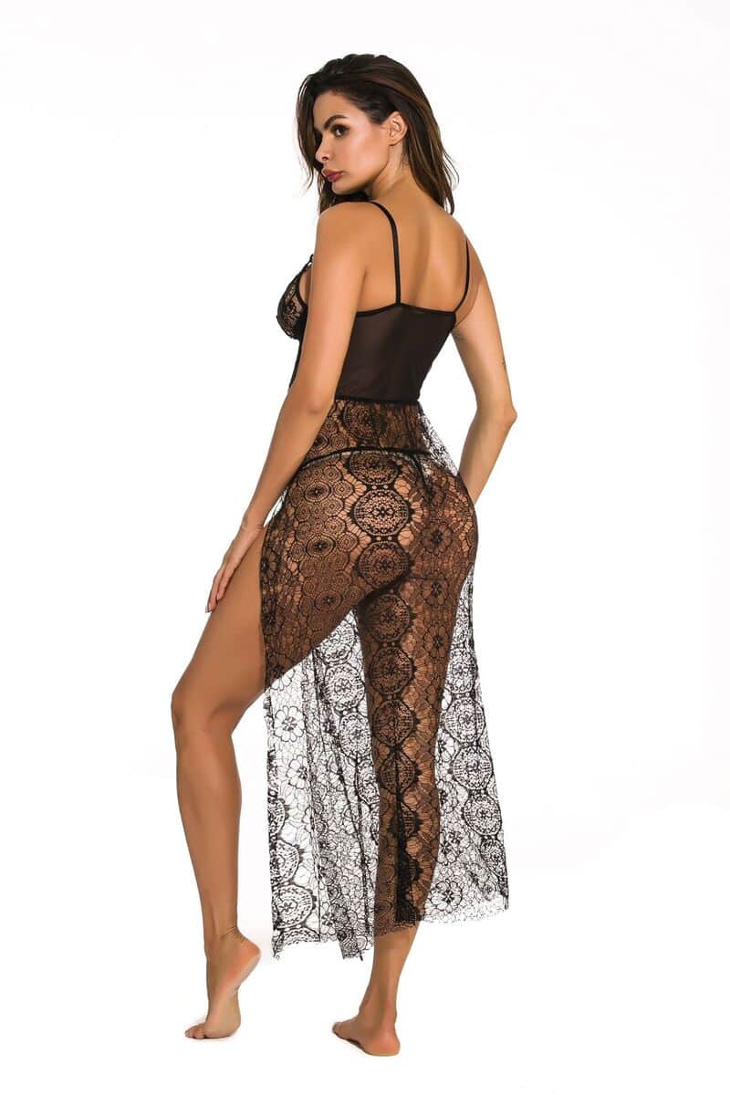 Black Deep V-neck Side Slit Sexy Long Chemise Back Show