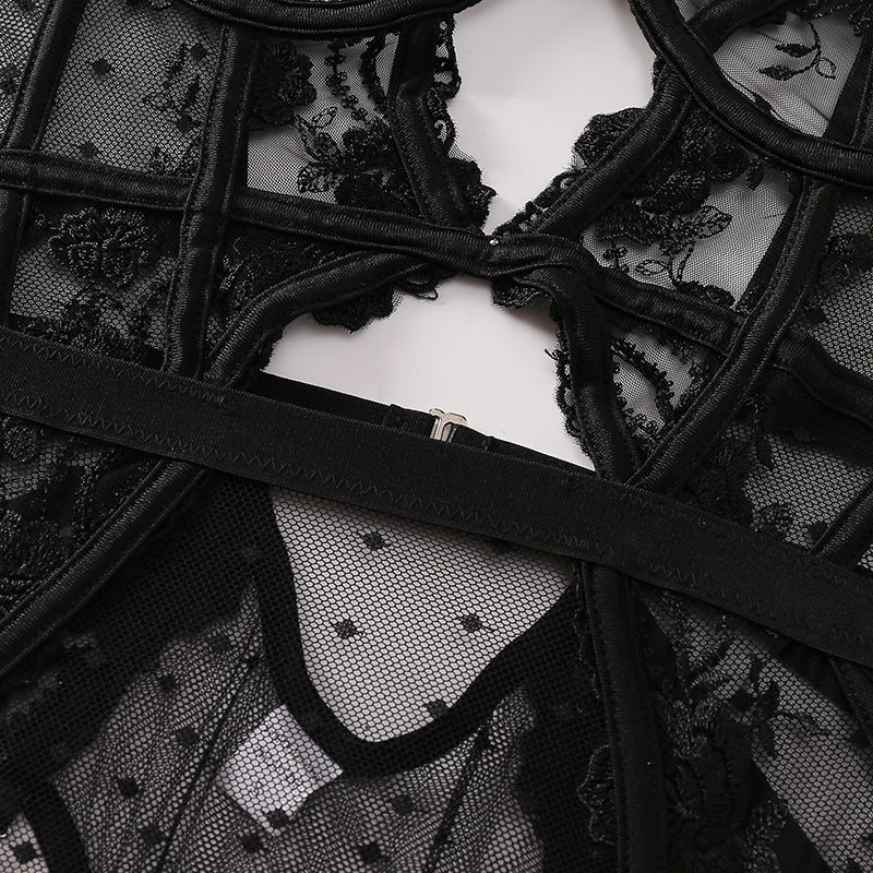 Embroidered Sheer Mesh Bodysuit with Open Back-9