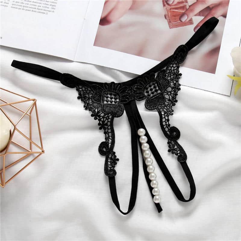 Black Luxurious Embroidered Pearl Open Crotch Micro Thong