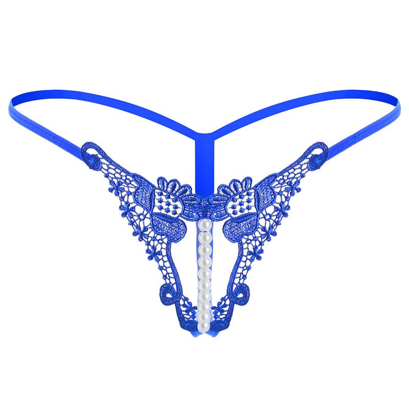 Blue Luxurious Embroidered Pearl Open Crotch Micro Thong