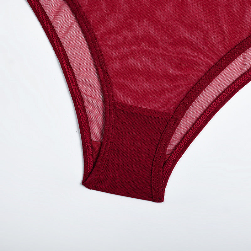 Fire Brick Sheer Mesh Bra and Panty Set with Feather-12