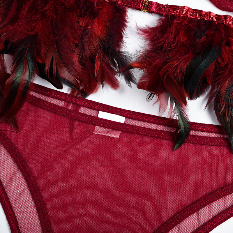 Fire Brick Sheer Mesh Bra and Panty Set with Feather-10