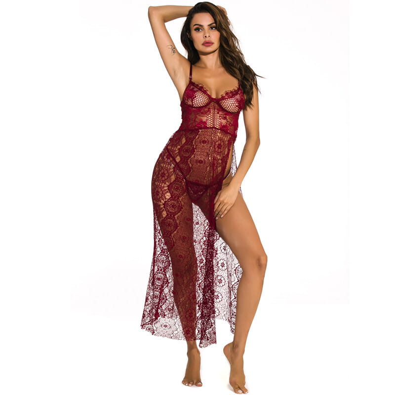 FireBrick Deep V-neck Side Slit Sexy Long Chemise Front Show