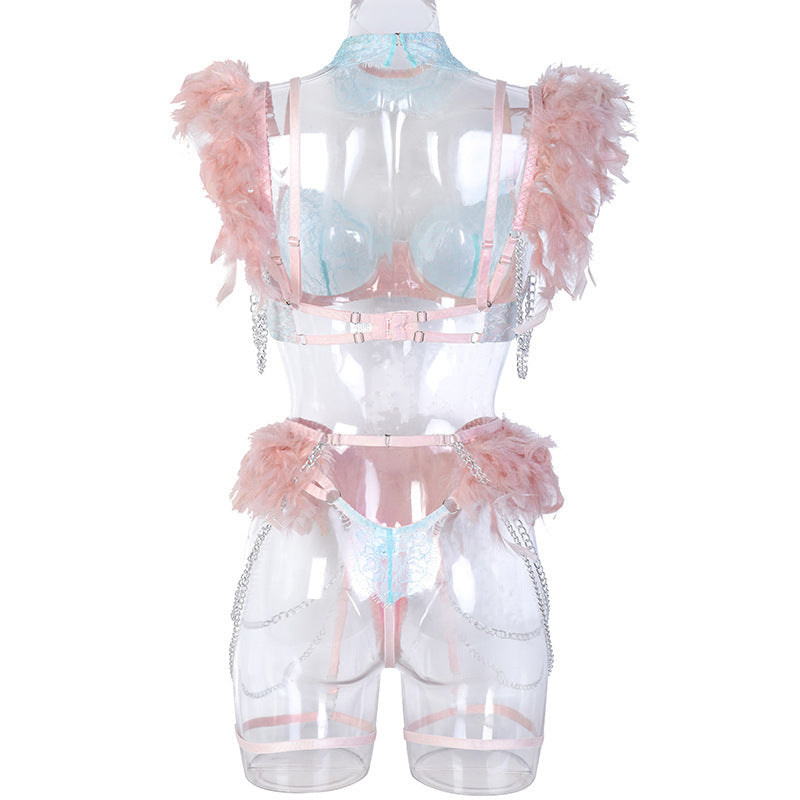 Elegant Sheer Lace Bra Set with Colorful Feather Accents-7