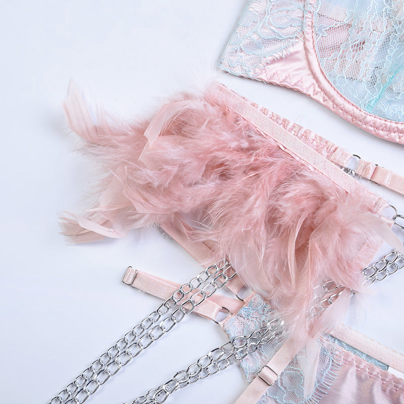 Elegant Sheer Lace Bra Set with Colorful Feather Accents-12