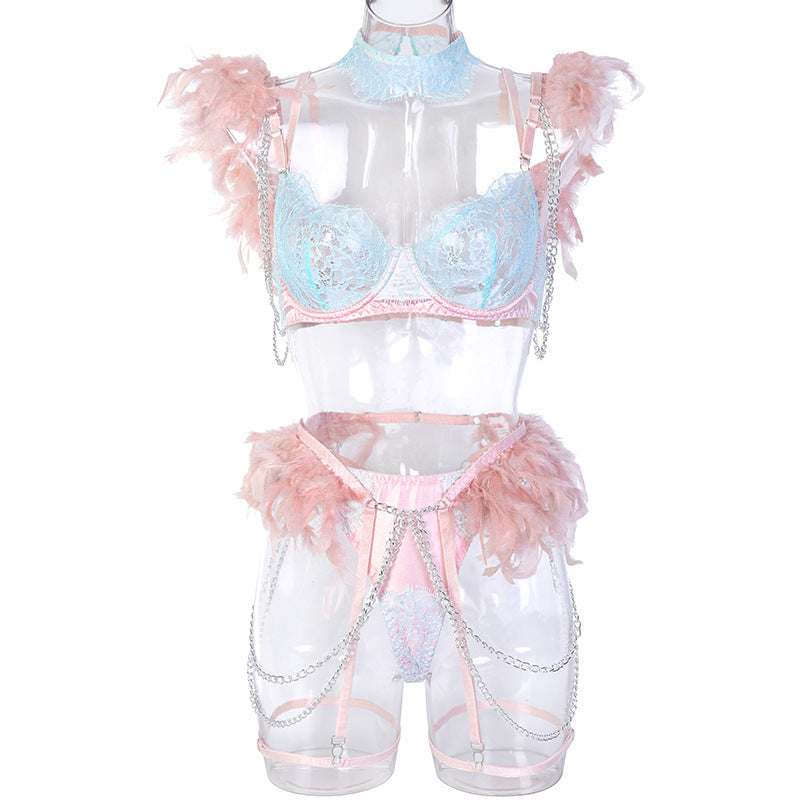 Light Blue Elegant Sheer Lace Bra Set with Colorful Feather Accents Front View
