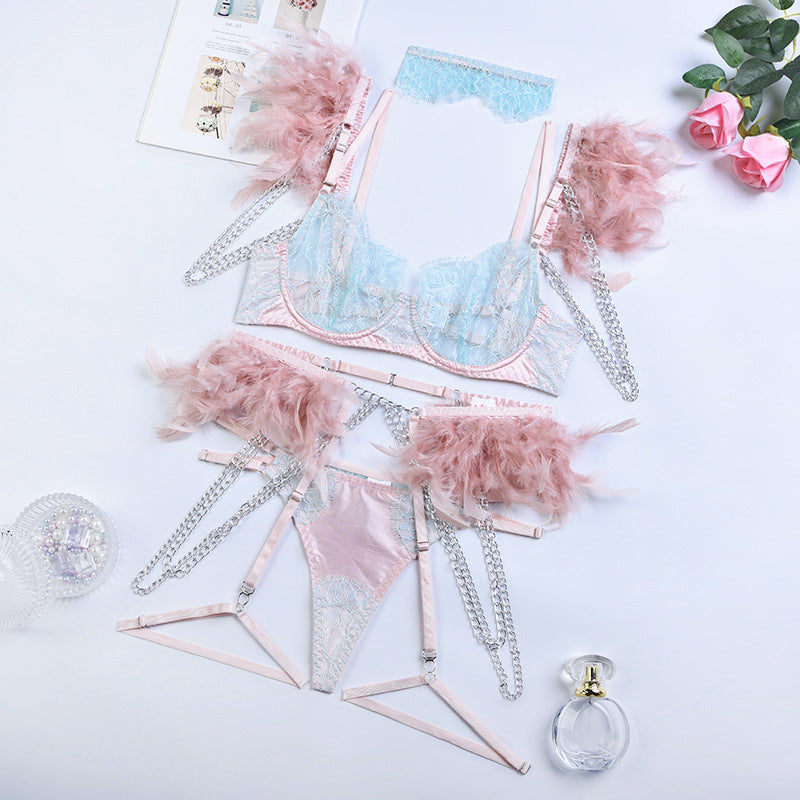 Elegant Sheer Lace Bra Set with Colorful Feather Accents-8