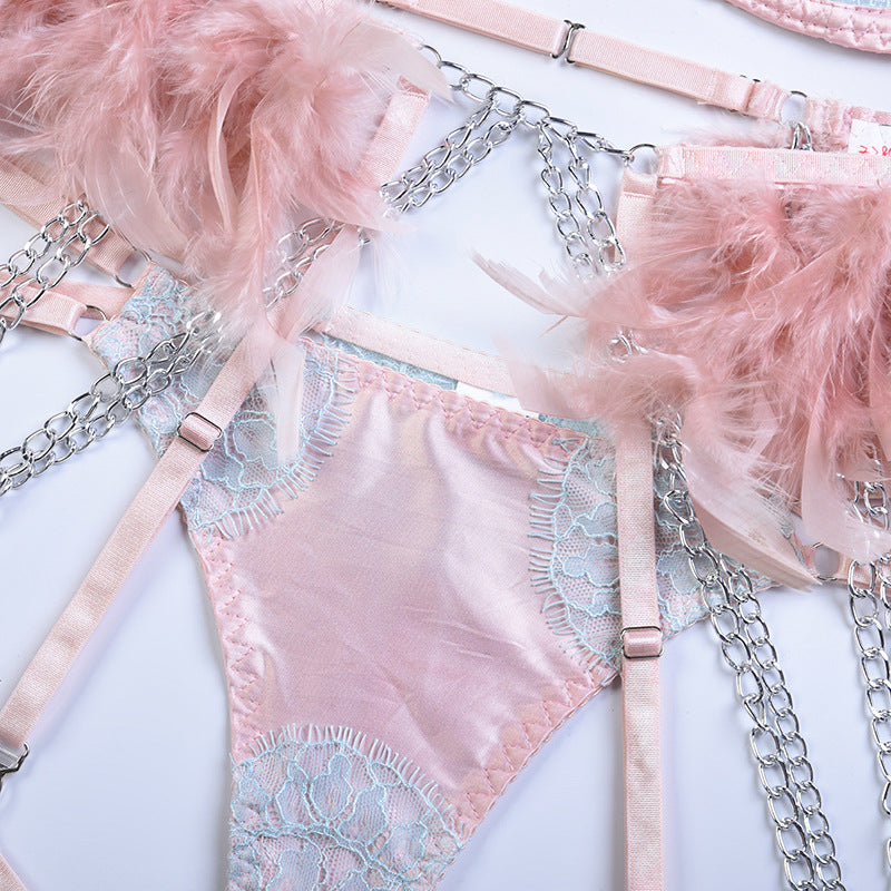 Elegant Sheer Lace Bra Set with Colorful Feather Accents-10