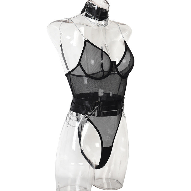 Mesh Bodysuit with Adjustable Belt and Metal Chain Details Side View