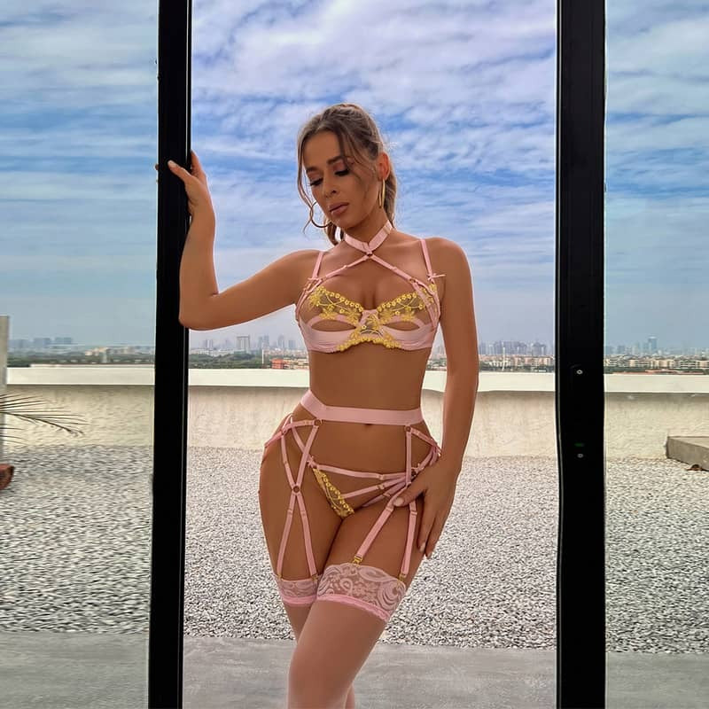 Pink Halter Cutout Satin Panel Garter Belt Set Model Show