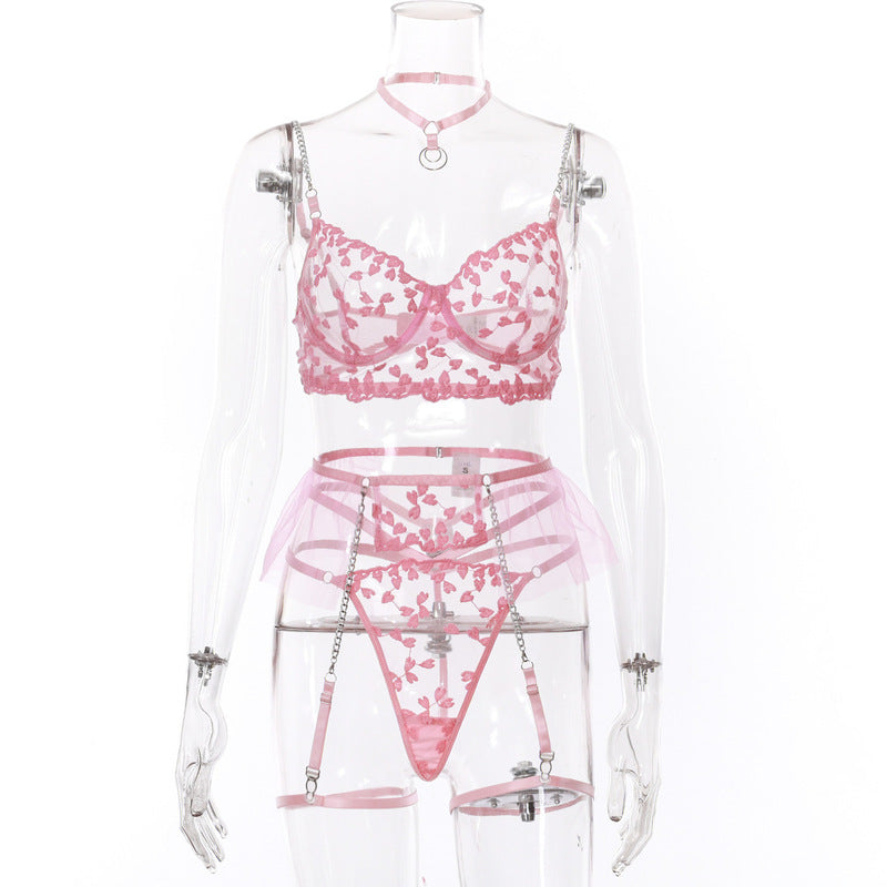 Pink Lace Embroidery Sexy Lingerie Set-Back View