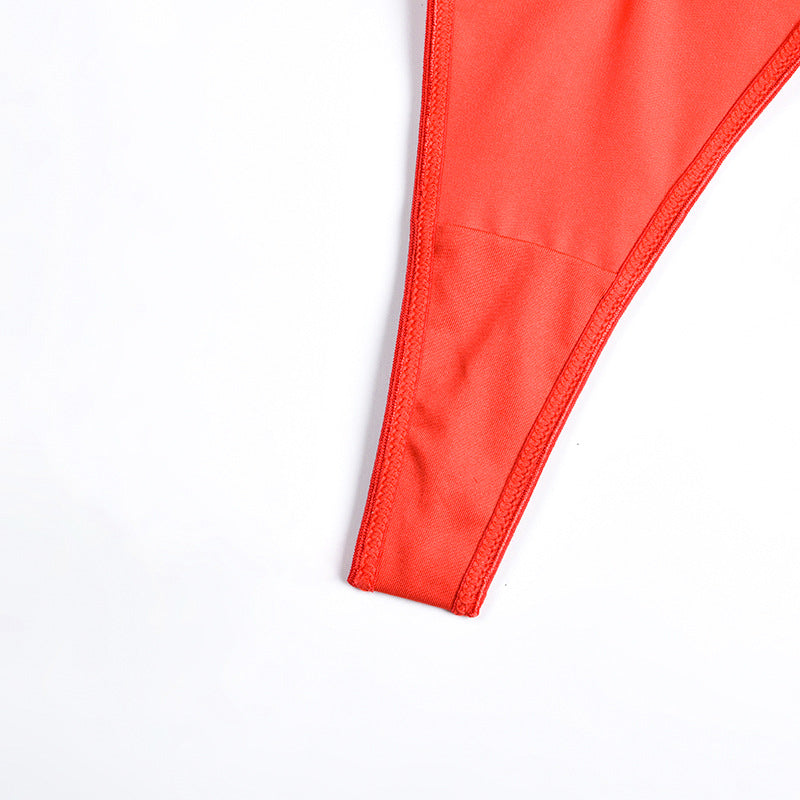 Red 3-Piece Metallic Punk Solid Color Bra & Thong Set Crotch Details