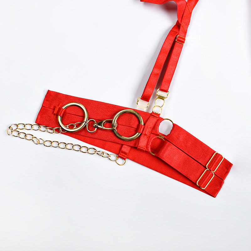 Red 3-Piece Metallic Punk Solid Color Bra & Thong Set Leg Ring Details