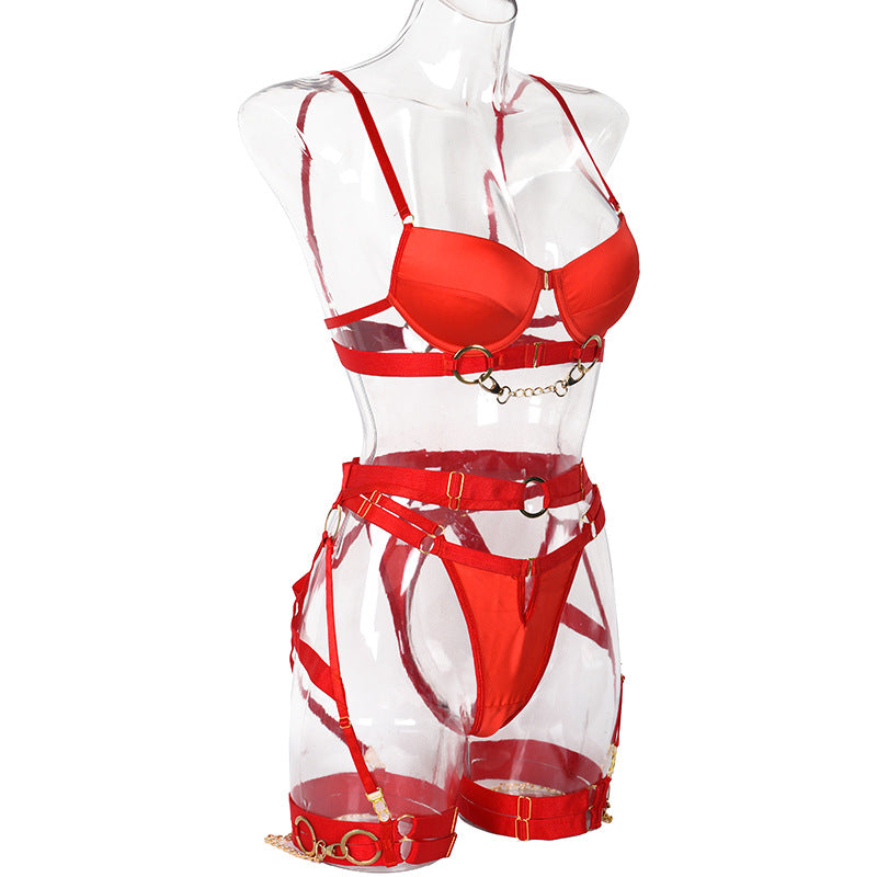 Red 3-Piece Metallic Punk Solid Color Bra & Thong Set Side View