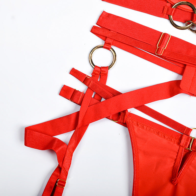 Red 3-Piece Metallic Punk Solid Color Bra & Thong Set Waist Details