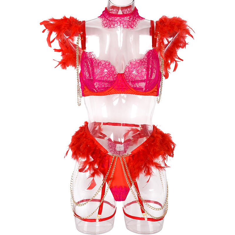 Red Elegant Sheer Lace Bra Set with Colorful Feather Accents Front View