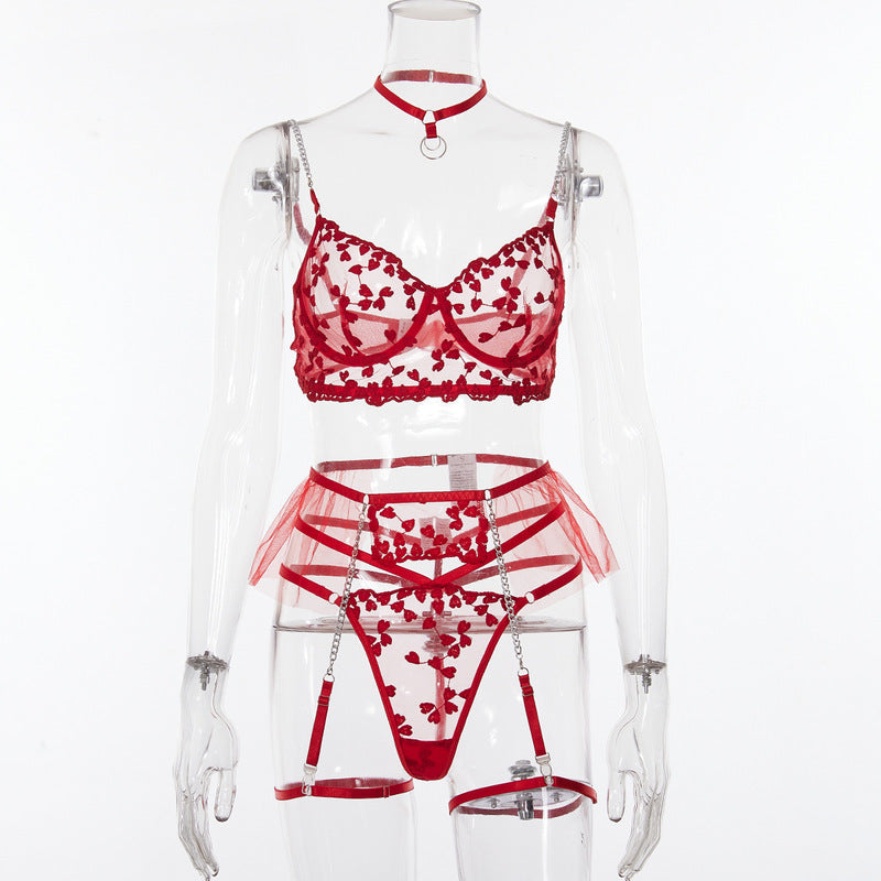 Red Lace Embroidery Sexy Lingerie Set-Back View