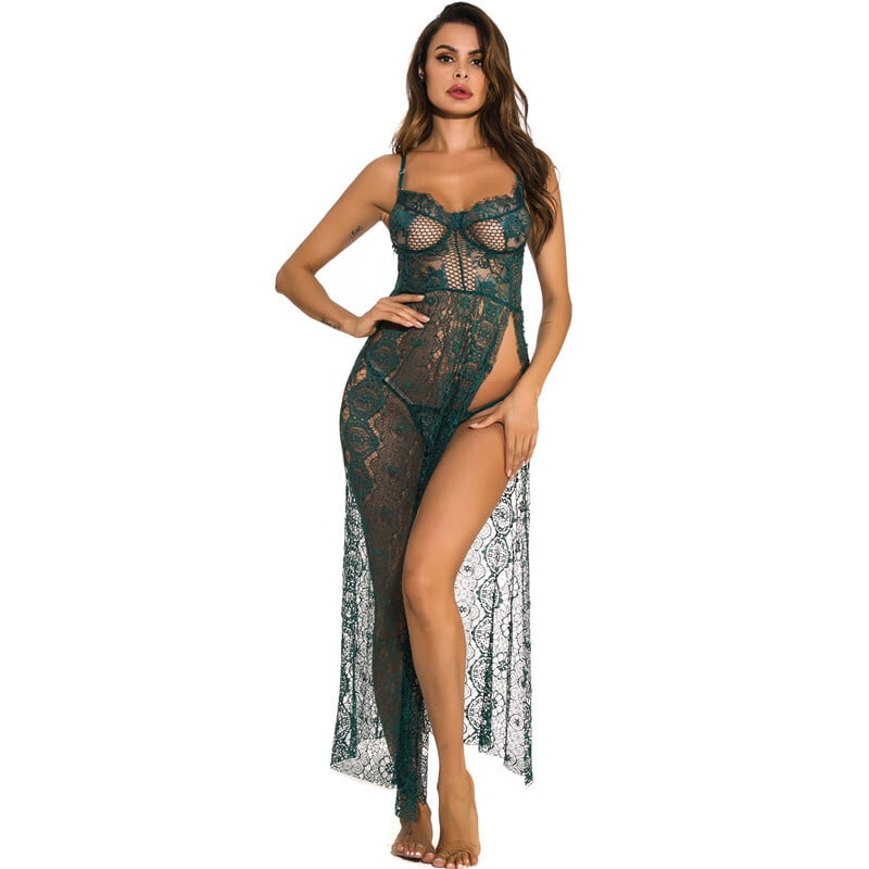SeaGreen Deep V-neck Side Slit Sexy Long Chemise Front Show