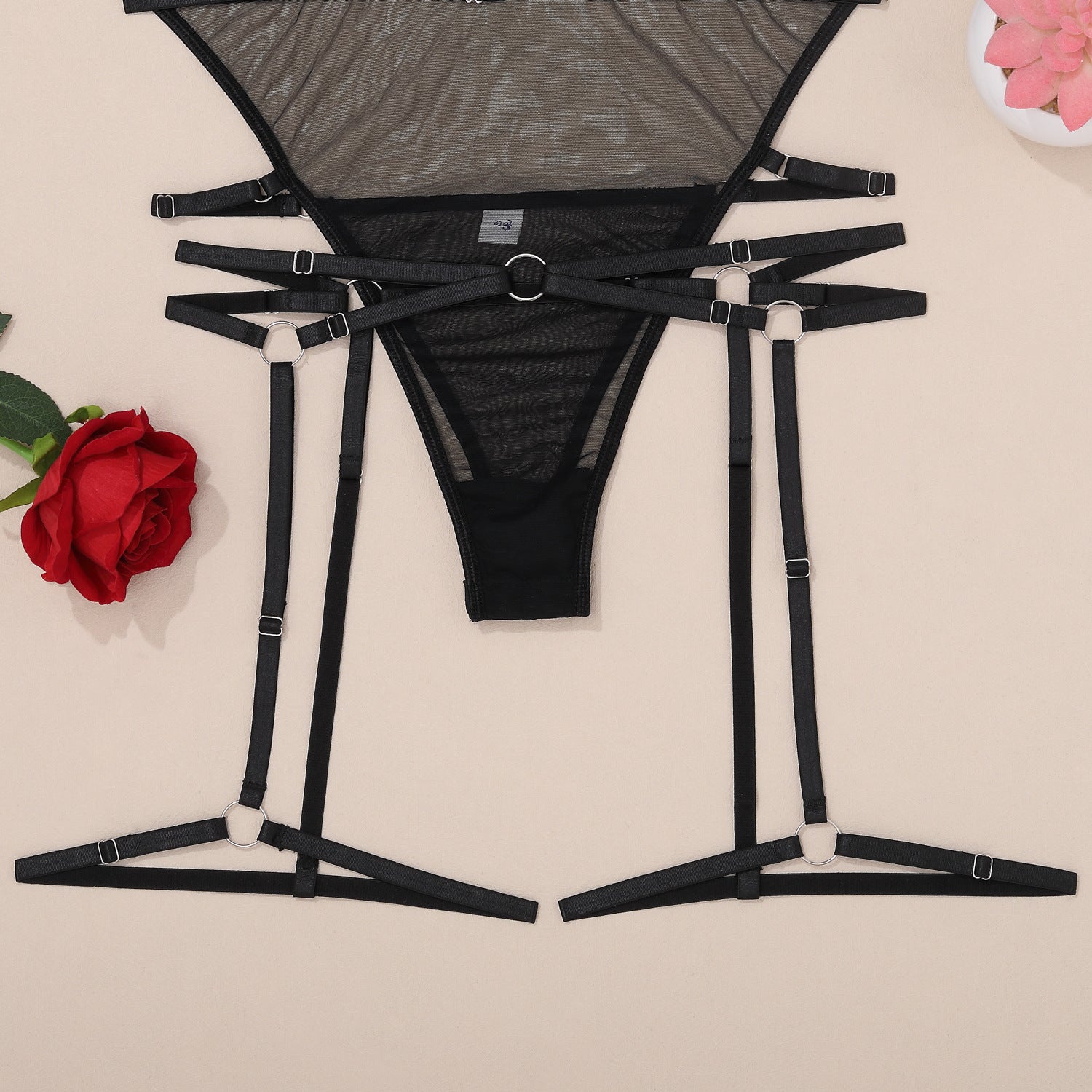 See-Through Comfort Sexy Jumpsuit with Extra Harness Bra and Panty - Wholesale Lingerie Details