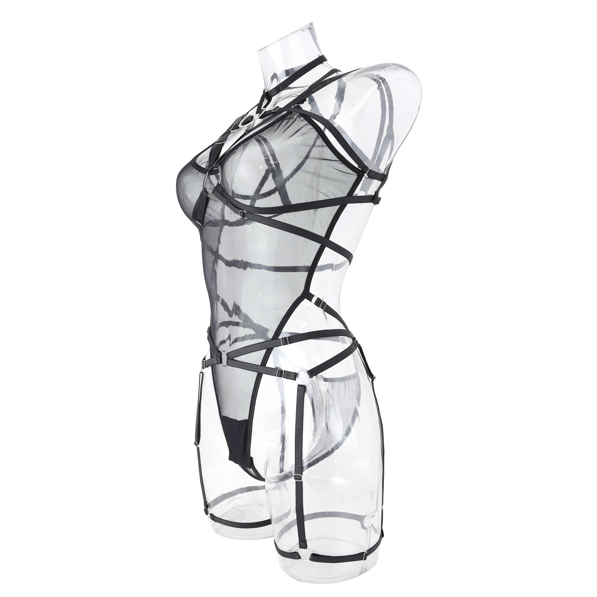 See-Through Comfort Sexy Jumpsuit with Extra Harness Bra and Panty - Wholesale Lingerie Side View