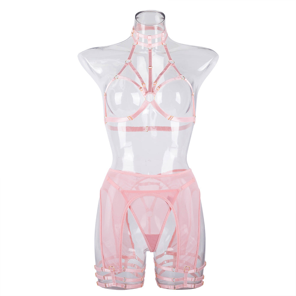 Sensual Hollow Bra Lingerie Set in Light Pink Side View