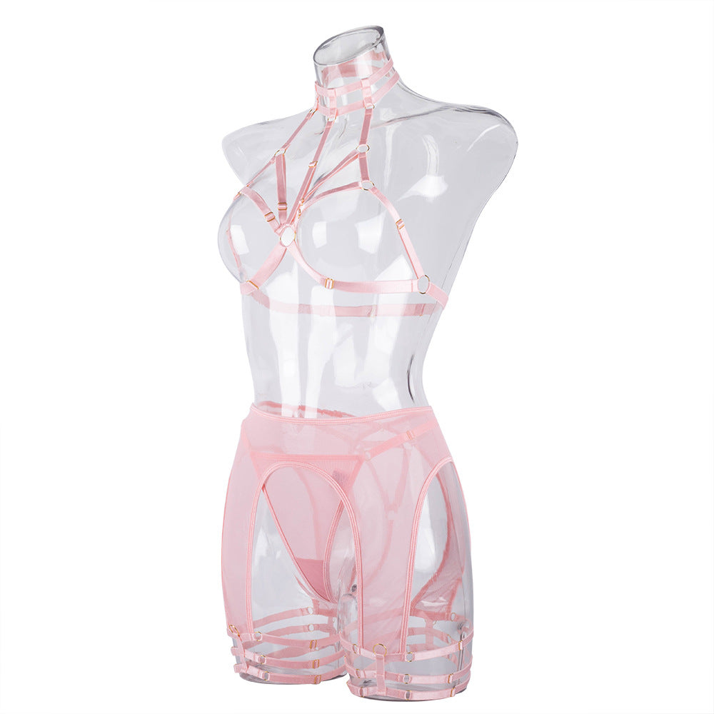 Sensual Hollow Bra Lingerie Set in Light Pink Back View